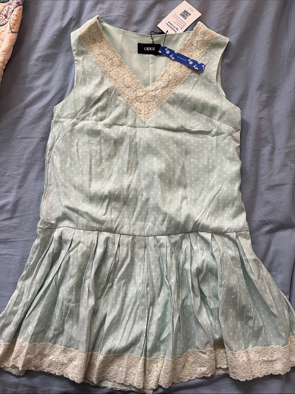 Cider Mint Polka Dot Lace Trim Sleeveless Dress